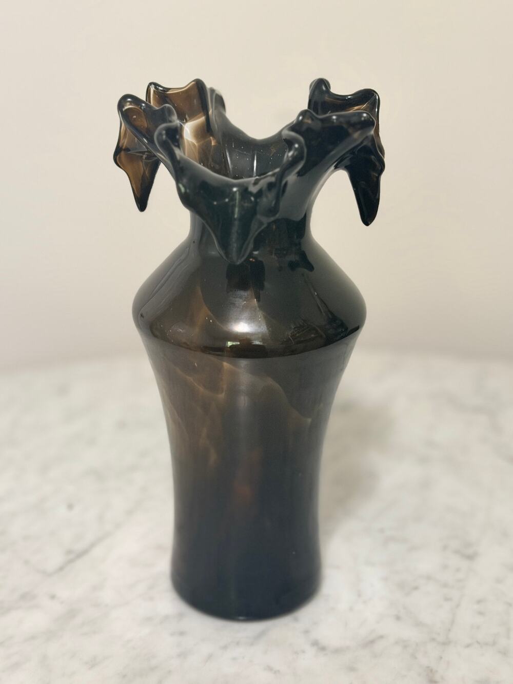 Vintage Black Amethyst Art Glass Vase 9” Hand-Blown Ruffled Crimped Rim
